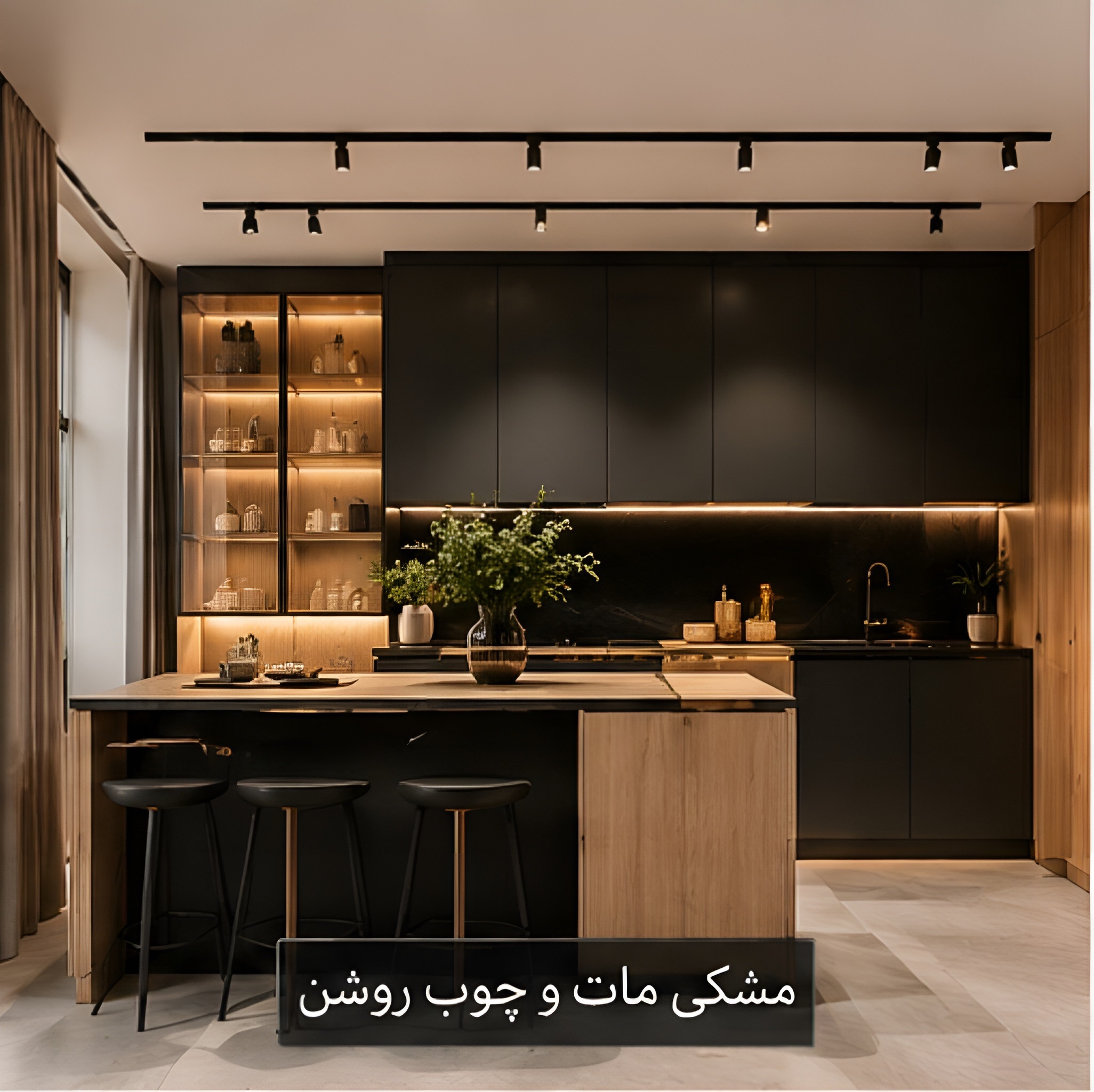 کابینت مدرن مشکی مات و چوب روشن